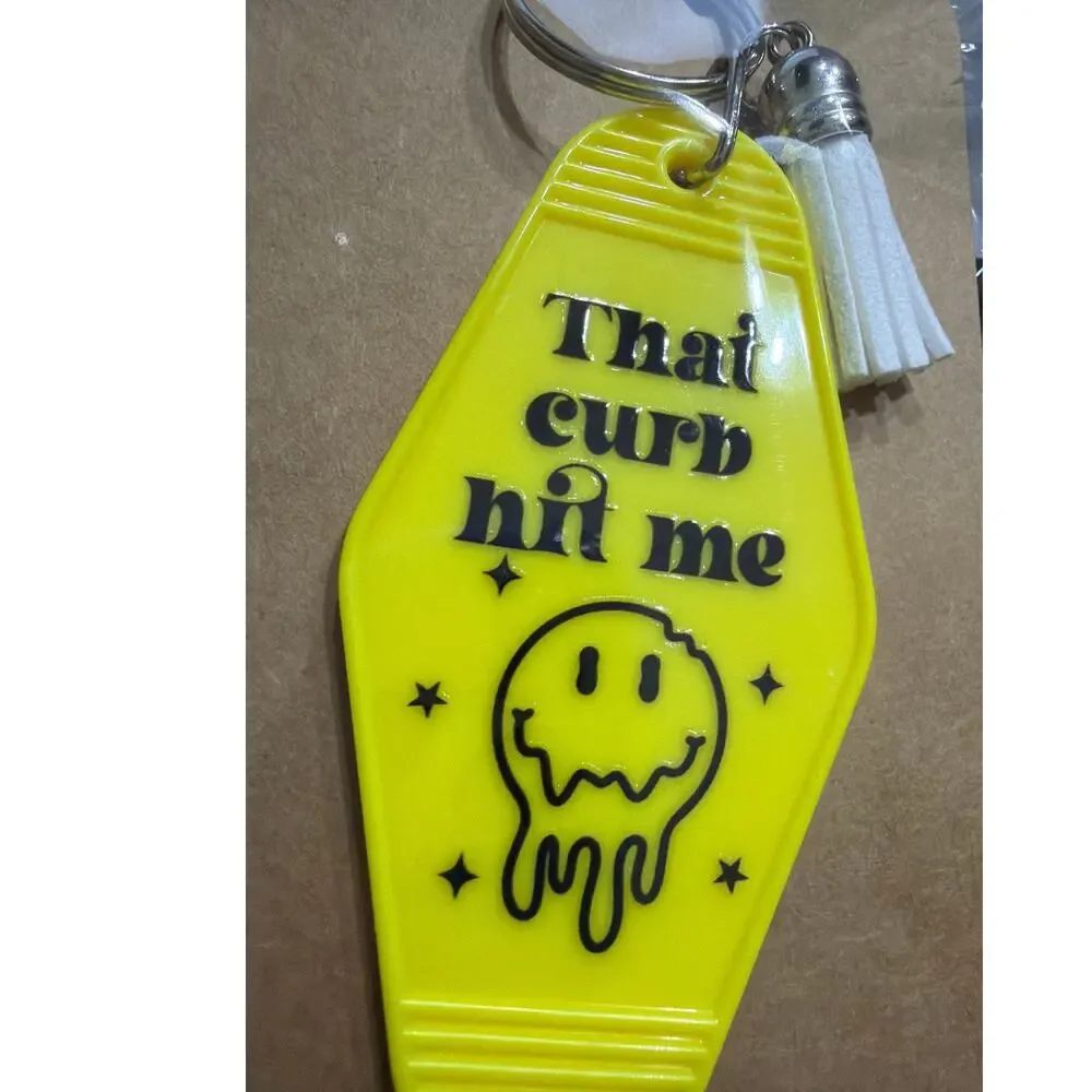 That Curb Hit Me Yellow & Black Vintage Hotel Motel Keychain Key Chain Handmade